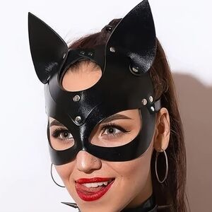 BDSM Bondage PU Leather Black Cat Mask W/Buckle Closure & Silver Rivets (OS)